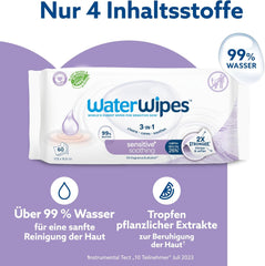 Șervețele umede WaterWipes Sensitive+ Soothing Clean, 360 bucăți (6 pachete), curățare, îngrijire și calmare 3 în 1, 99% apă cu extract de plante, șervețele umede pentru bebeluși fără parfum