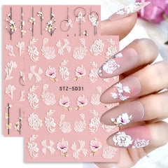 4 Blatt 3D Nagelsticker Frühling Blume Nagelaufkleber 5D Stereoskopisch Selbstklebend Nail Art Sticker Dekoration Nageldesign Zubehör