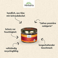 Herbaria Safran-Fäden bio 0,5g im Glas – Bio Safran-Fäden aus dem berühmten Safran-Ort Taliouine in Marokko – Safranfäden in Premium Bio-Qualität – Saffron Premium - Safran première catégorie