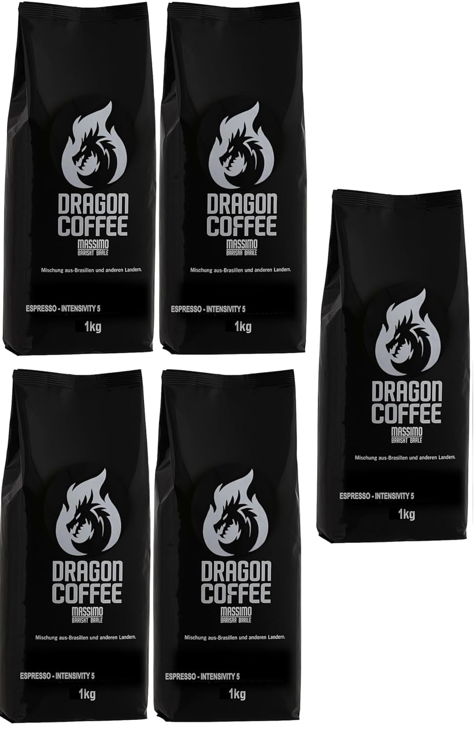 Dragon Coffee Massimo Espresso – Mittlere italienische Röstung | 70% Robusta / 30% Arabica | Kaffee Ganze Bohnen | Intensive Crema | (5x1kg)
