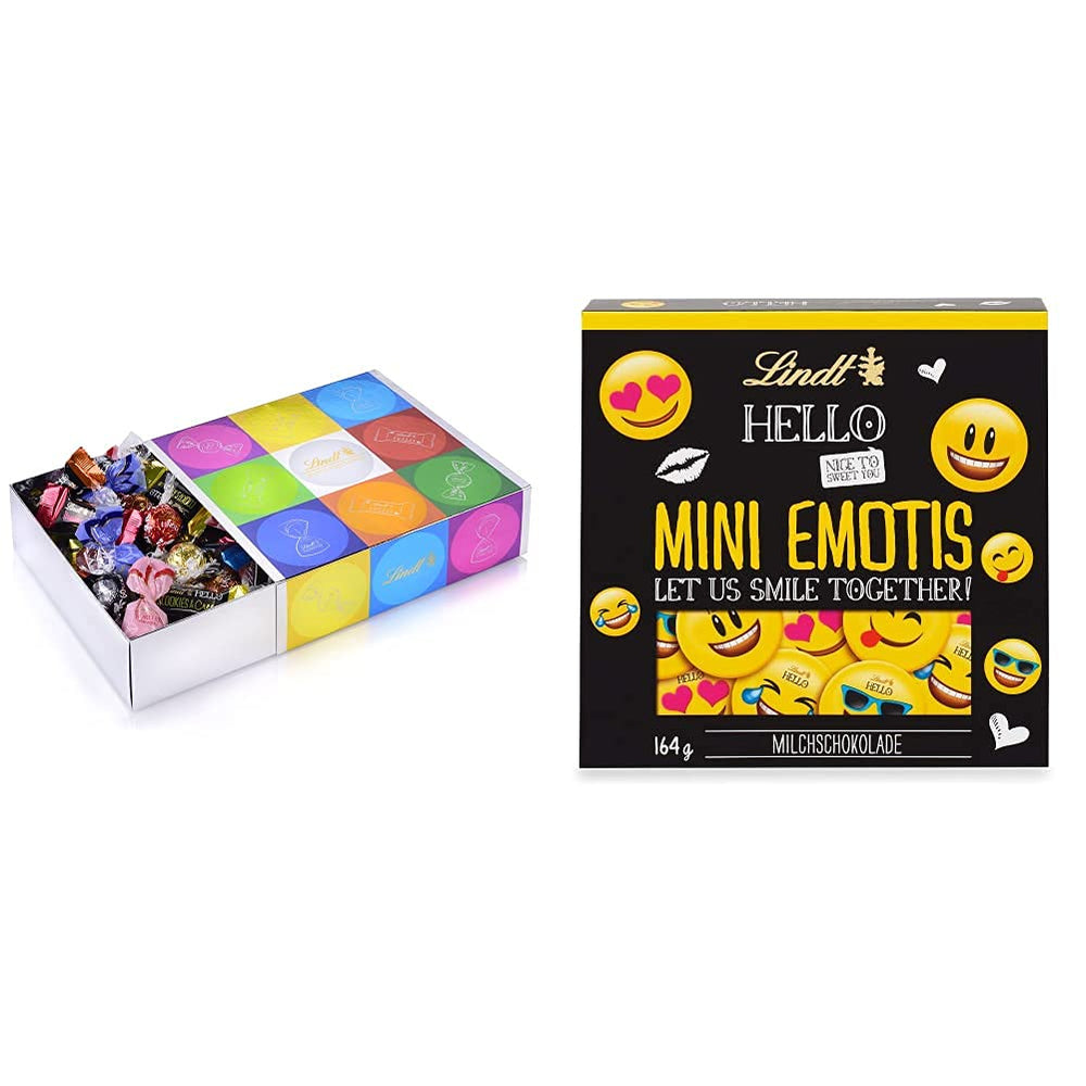 Asortiment de ciocolată (37 bile LINDOR, 24 bețișoare Hello Mini, 10 Mini Fioretto), cadou de ciocolată (1 x 815 g) și HELLO Mini Emoti, ciocolată cu lapte în 5 modele de emoticonuri, 164 g