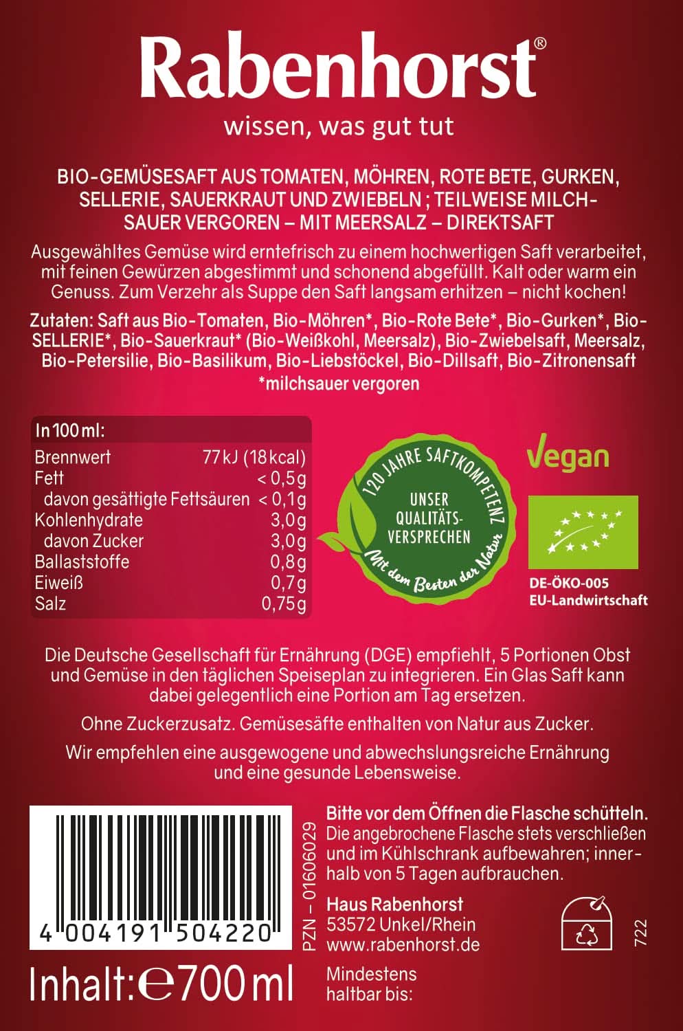 RABENHORST (6 X 700ml) - Suc de legume de înaltă calitate din diferite legume Bauturi fara alcool Naty Shop