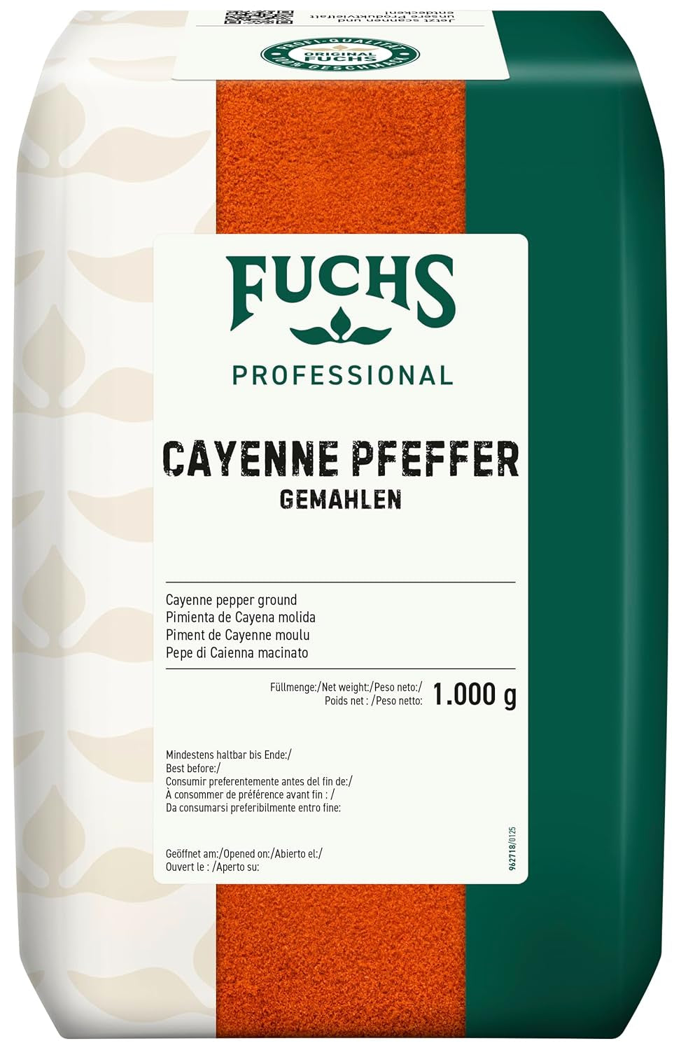 Fuchs Professional - Cayenne Pfeffer gemahlen | Scharfes Gewürz für Chili con Carne | Profi-Qualität für Großverbraucher und Gastronomie | 1 kg im recyclebaren Beutel