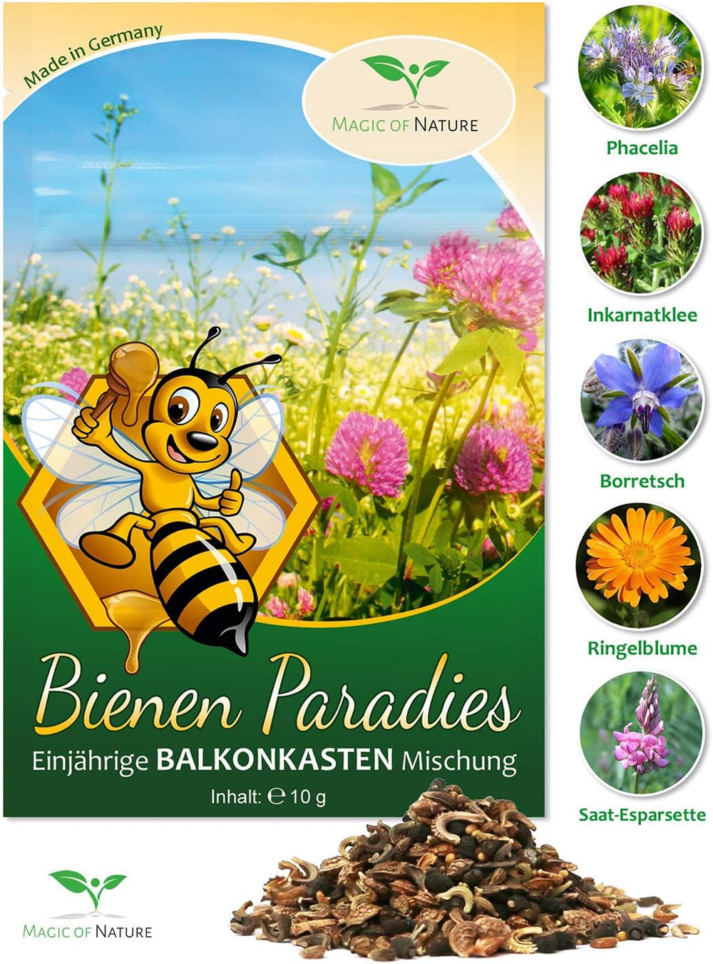 Mix pentru cutii de balcon Magic of Nature - Semințe de 10 g - Plante prietenoase cu albinele - Ușor de utilizat - Paradisul albinelor - 5 specii cultivate native - Potrivit pentru cutii de flori și jardiniere