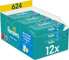Șervețele umede Pampers Fresh Clean, 12 pachete a câte 52 de șervețele, 624 de șervețele în total, parfum ușor, potrivite și pentru mâini și față