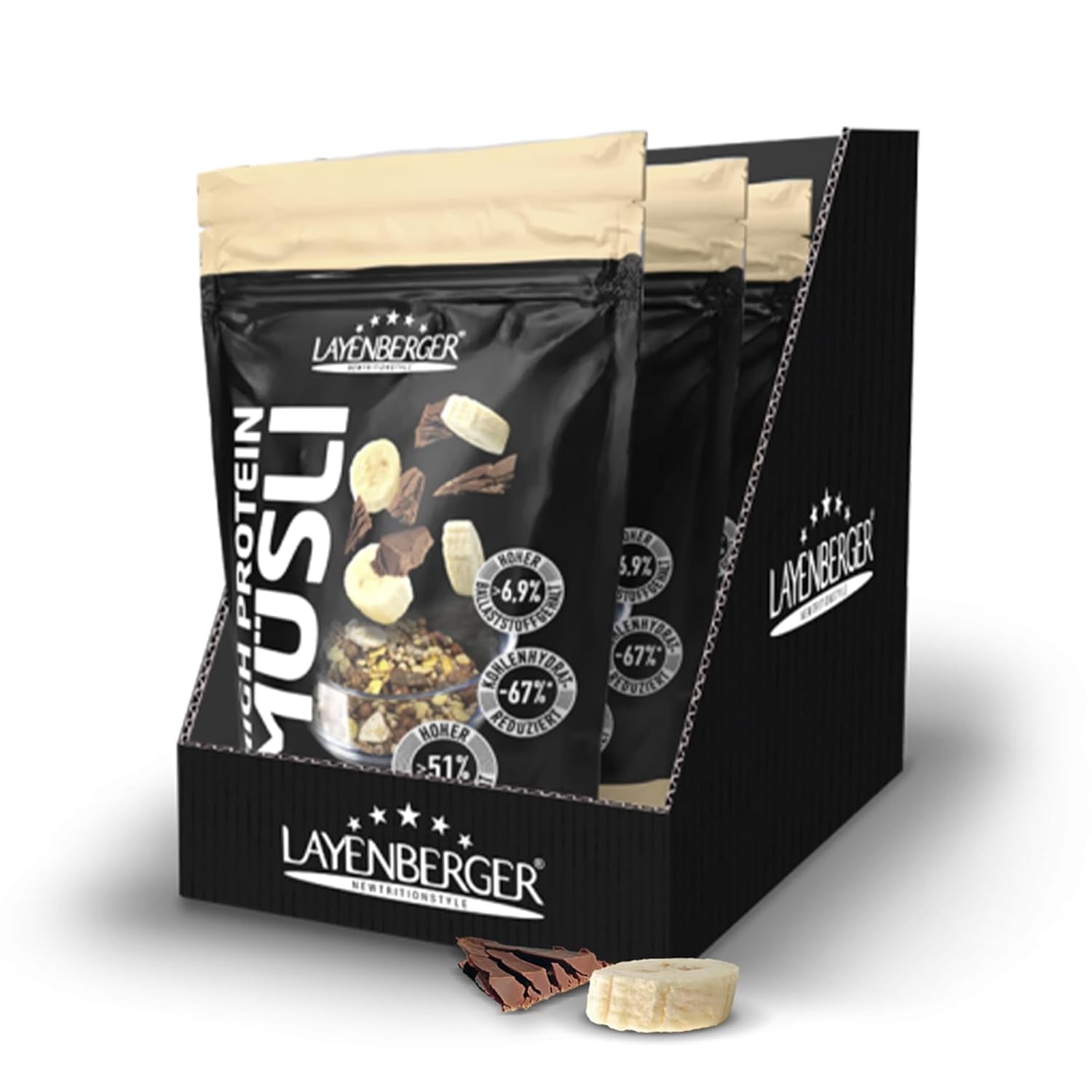 Layenberger 3K High Protein Müsli, 50% Eiweiß Und 18% Kohlenhydrate - Single Pack (1X 390 G) - Schoko-Nuss Cereale Naty Shop 1.17 Kg (1Er Pack) Schoko-Banane