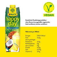 Rauch Happy Day Coconut-Pineapple | O călătorie în Caraibe | Suc de fructe din ananas și apă de nucă de cocos | 6 x 1 litru, Tetra Prisma Bauturi fara alcool Naty Shop