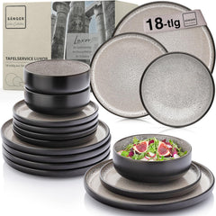 SÄNGER Luxor | Set de veselă din gresie, 18 piese, Set de farfurii pentru 6 persoane, Set de veselă (6 farfurii de cină, 6 boluri pentru cereale, 6 farfurii pentru desert), Veselă maro-bej rezistentă la zgârieturi | COLECȚIA VALUE