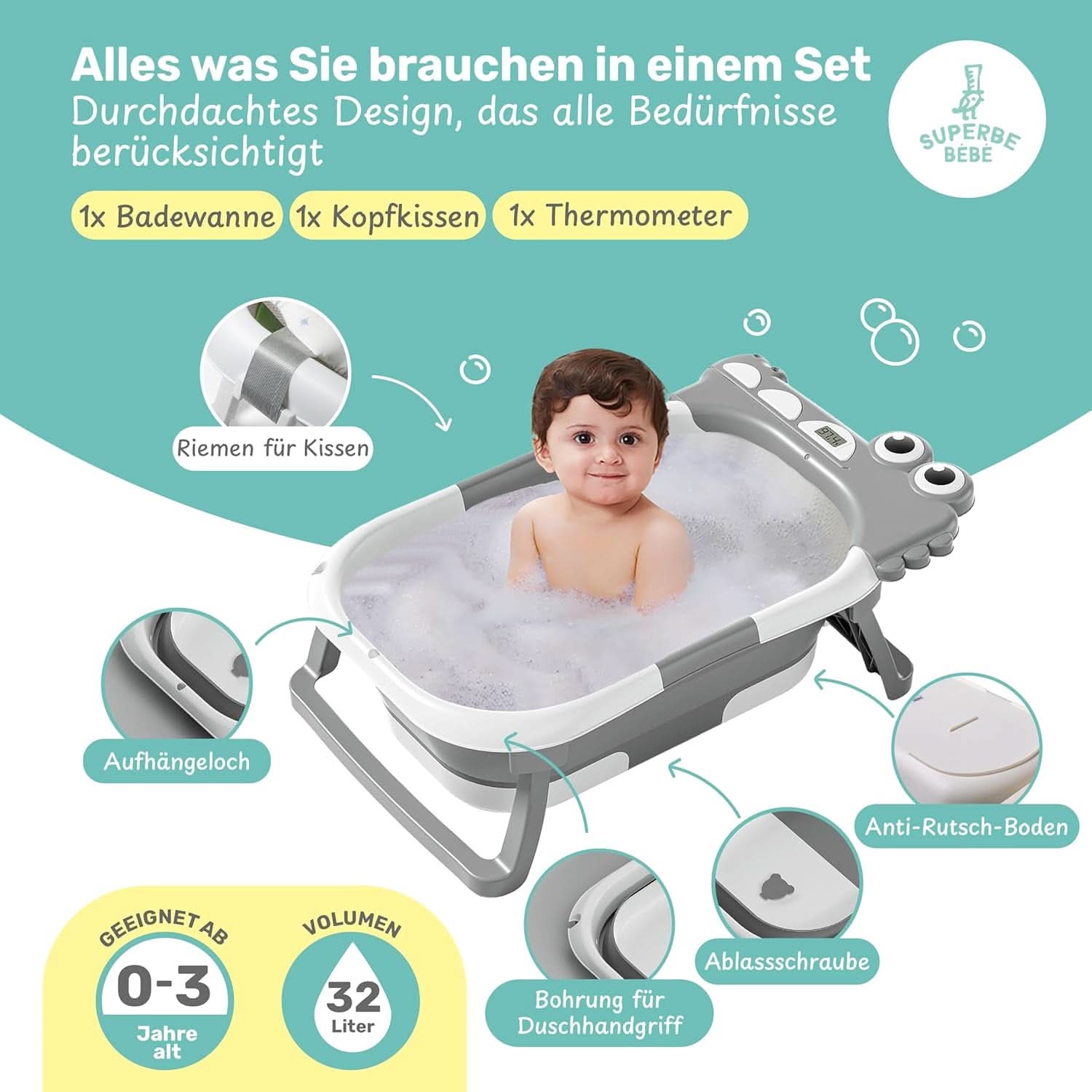 Cada de baie pliabila pentru bebelusi cu perna de baie si termometru integrat Mama si Copilul Naty Shop