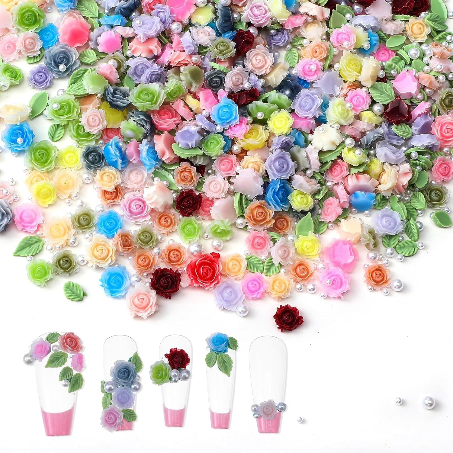 300 Stück Niedlich Blume Nail Charms, 3D Harz Floral Kamelie Rose Nägel Charms Mit Perle, Gemischt Größe Bunte Flower Nägel Deko Für Frauen Nail Art Zubehör