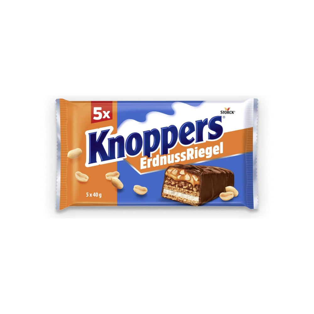Knoppers Peanut Bar – 1 x 200 g (5 batoane) – Baton de ciocolată cu lapte și cremă de arahide, arahide sărate tocate, caramel și ciocolată cu lapte