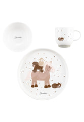 Set de veselă din porțelan Sterntaler, design rustic - Set de veselă cu bază din silicon antiderapantă și detașabilă - Veselă pentru bebeluși și copii cu farfurie, bol de 400 ml și cană de 200 ml, alb