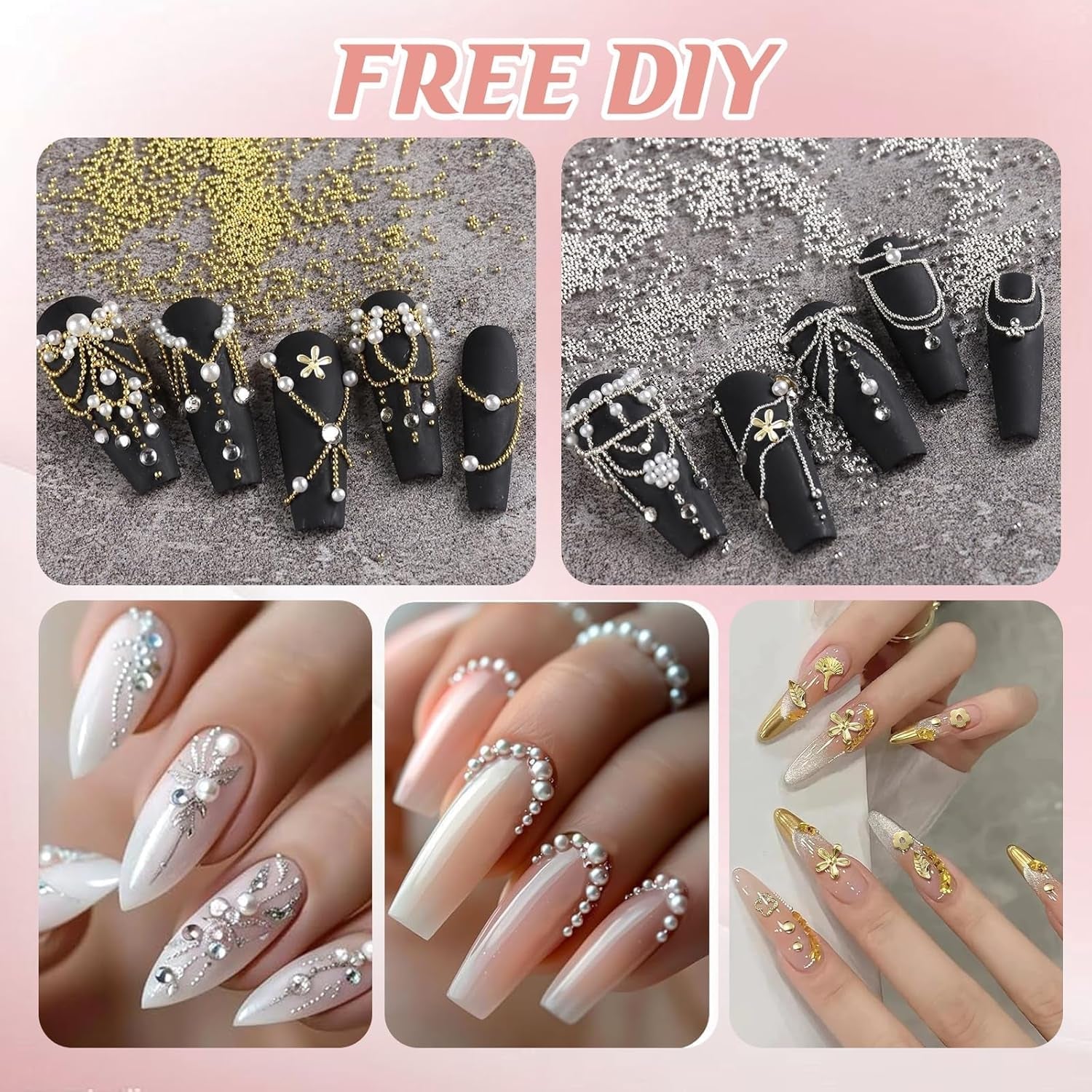 Set de 4 cutii pentru brelocuri pentru unghii - 48 de tipuri de brelocuri 3D aurii și argintii pentru unghii (fluturi, flori, perle etc.) + pensetă și stilou - pentru unghii cu gel și acrilice DIY | Ideal pentru salon de unghii și acasă