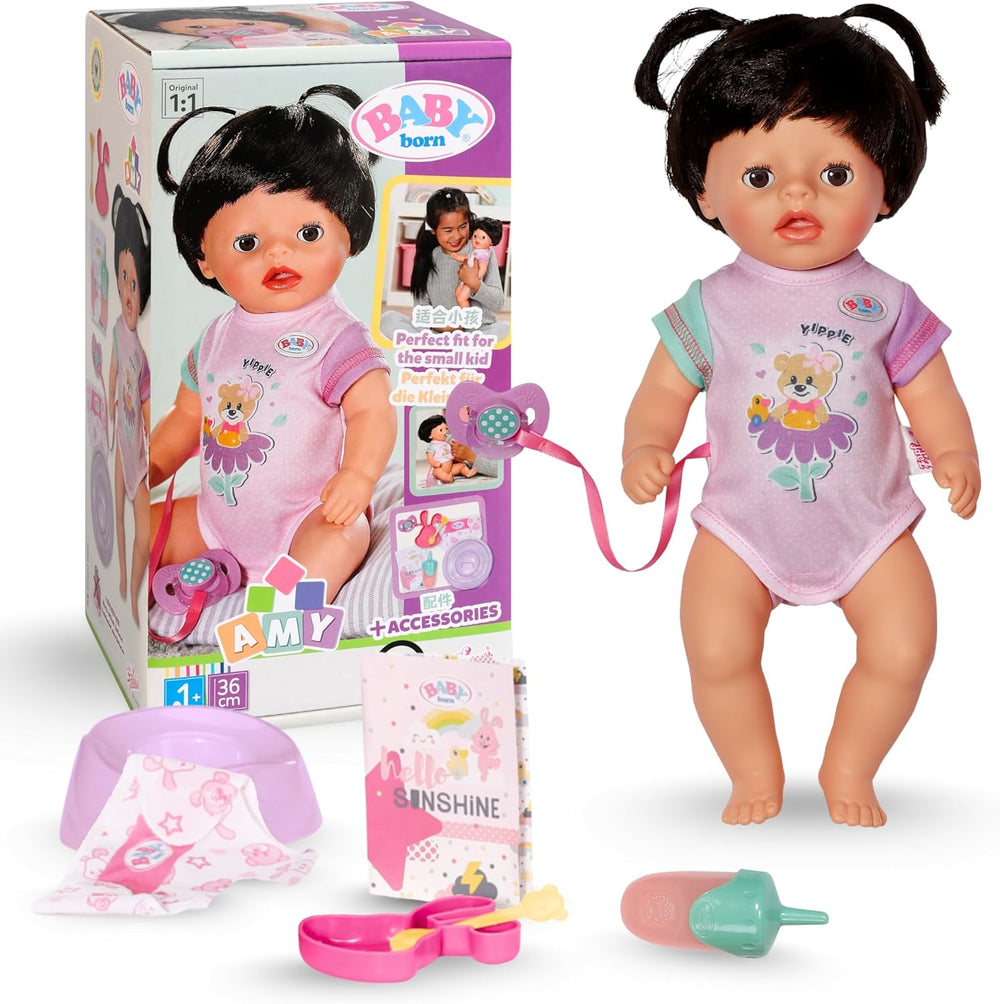 BABY Born Amy - Păpușă de 36 cm - Păpușă bebeluș cu 7 funcții pentru copii mici de la 1 an - Funcționează fără baterii - Include accesorii și saltea