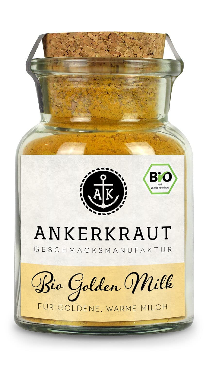 Ankerkraut Bio Golden Milk, Gewürz für goldene Milch, mit Kurkuma, Zimt und Ingwer, 75 g im Korkenglas
