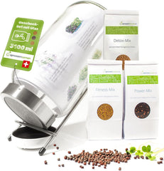 Set borcan pentru germinare 3100 ml cu set cadou - Mix Fitness Organic, Mix Power și Mix Detox, 75 g fiecare - Borcan pentru germinare - incl. capac borcan, suport și sită