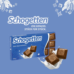 Baton de ciocolată cu lapte Schogetten Premium Alpine, 100g, porționat individual. O încântare. Bucată cu bucată.