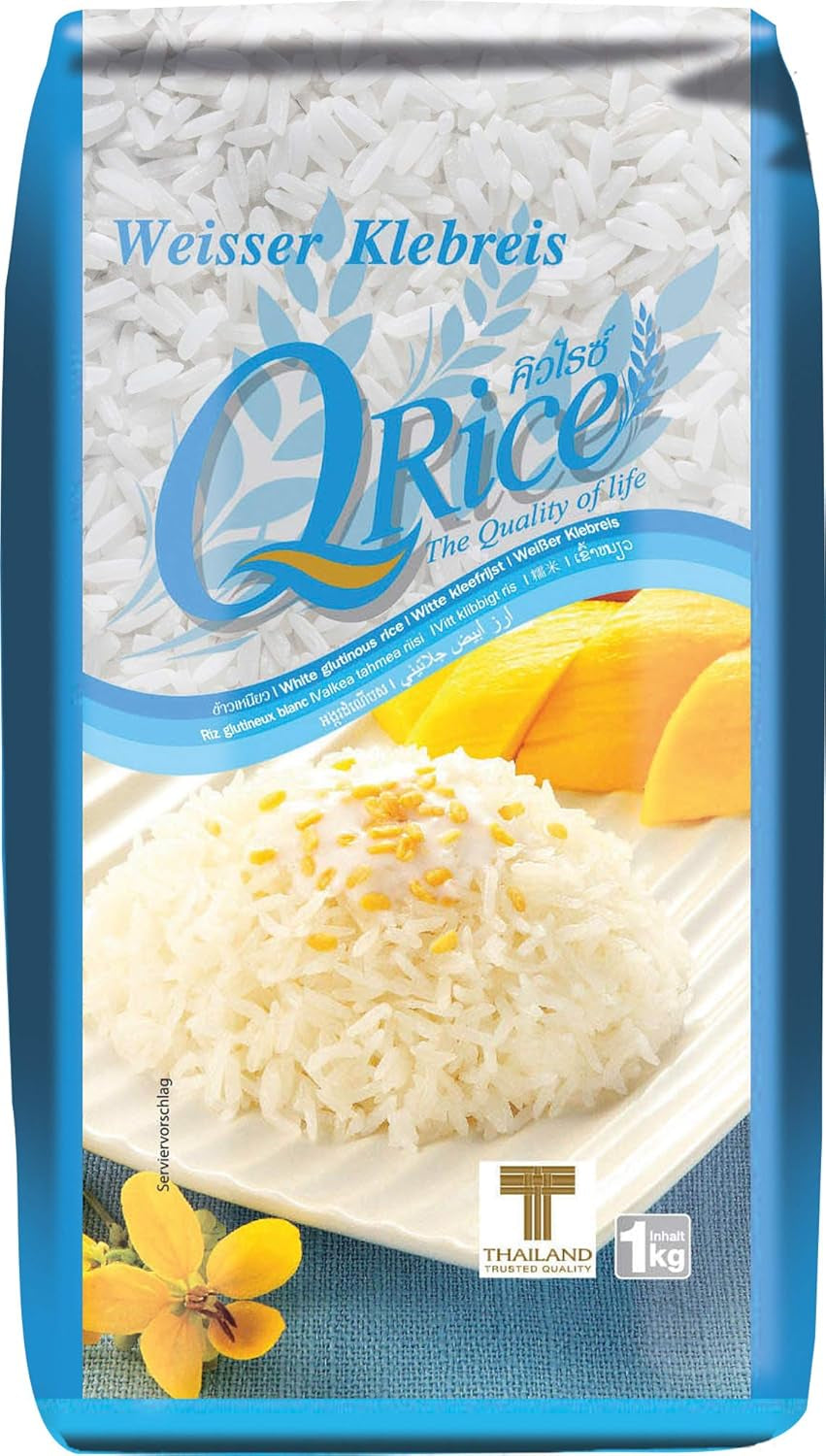 Q RICE | Weißer Klebreis Langkorn aus Thailand | Aromatisch mit klebriger Textur | Ideal für Currys, Sushi, Mochi oder Reispudding | 1 x 1 kg