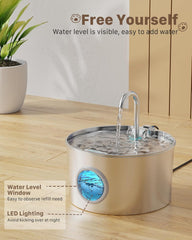 Fântână pentru pisici din oțel inoxidabil: Fântână de apă ultra-silențioasă de 2,2 l pentru pisici - Fântână de băut pentru pisici și câini cu indicator al nivelului apei - Adaptorul UE nu este inclus