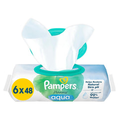 Șervețele umede Pampers Harmony Aqua, 6 pachete a câte 48 de șervețele fiecare, 288 de șervețele în total, ajutând la restabilirea echilibrului natural al pH-ului pielii, loțiune ușoară cu 99% apă