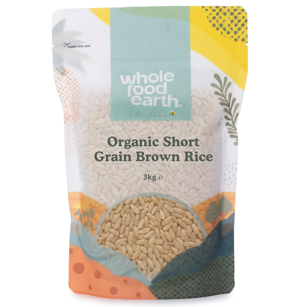 Orez brun cu bob scurt organic Wholefood Earth 3 kg, fără OMG, sursă vegană de fibre, provenit din agricultură organică controlată