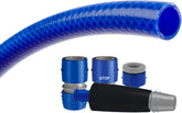 Set furtun de grădină TATAY Blue Line 25 metri Ø3/4" 19mm, 3 straturi, fabricat în Spania, rezistență 20 bar și +60°/-20°, împletit, fără cadmiu și plumb, fără BPA, anti-UV. Culoare albastru.