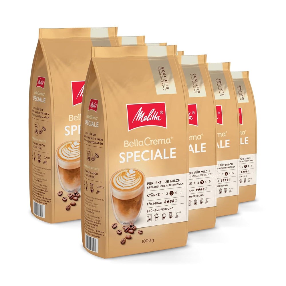 Melitta BellaCrema Speciale Ganze Kaffee-Bohnen 8 x 1kg, ungemahlen, Kaffeebohnen für Kaffee-Vollautomat, mittlere Röstung, geröstet in Deutschland, Stärke 3, im Tray