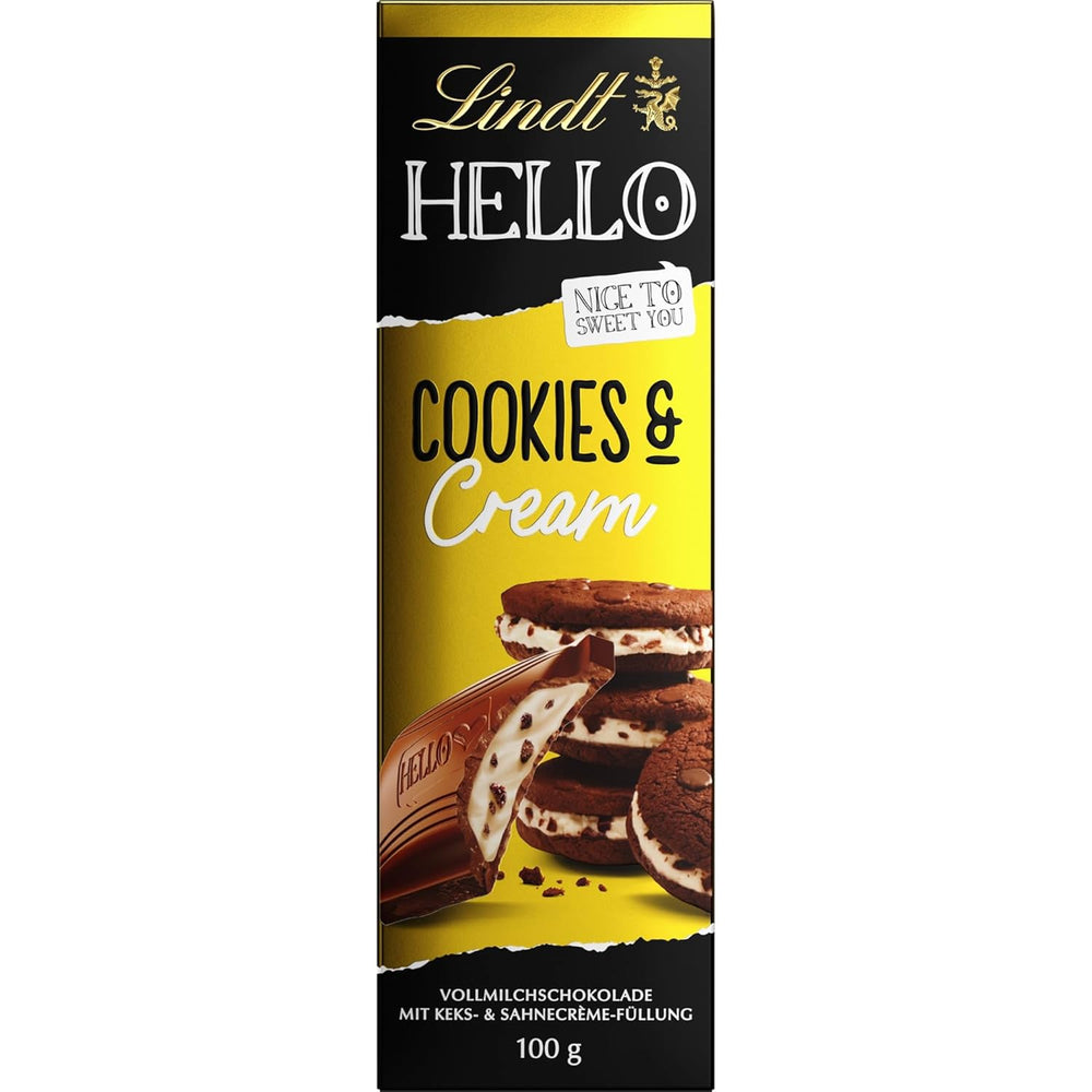 Lindt Hello Cookies & Cream Chocolate | Baton 100g | Ciocolată cu lapte cu umplutură de fursecuri și cremă | Baton de ciocolată | Cadou de ciocolată