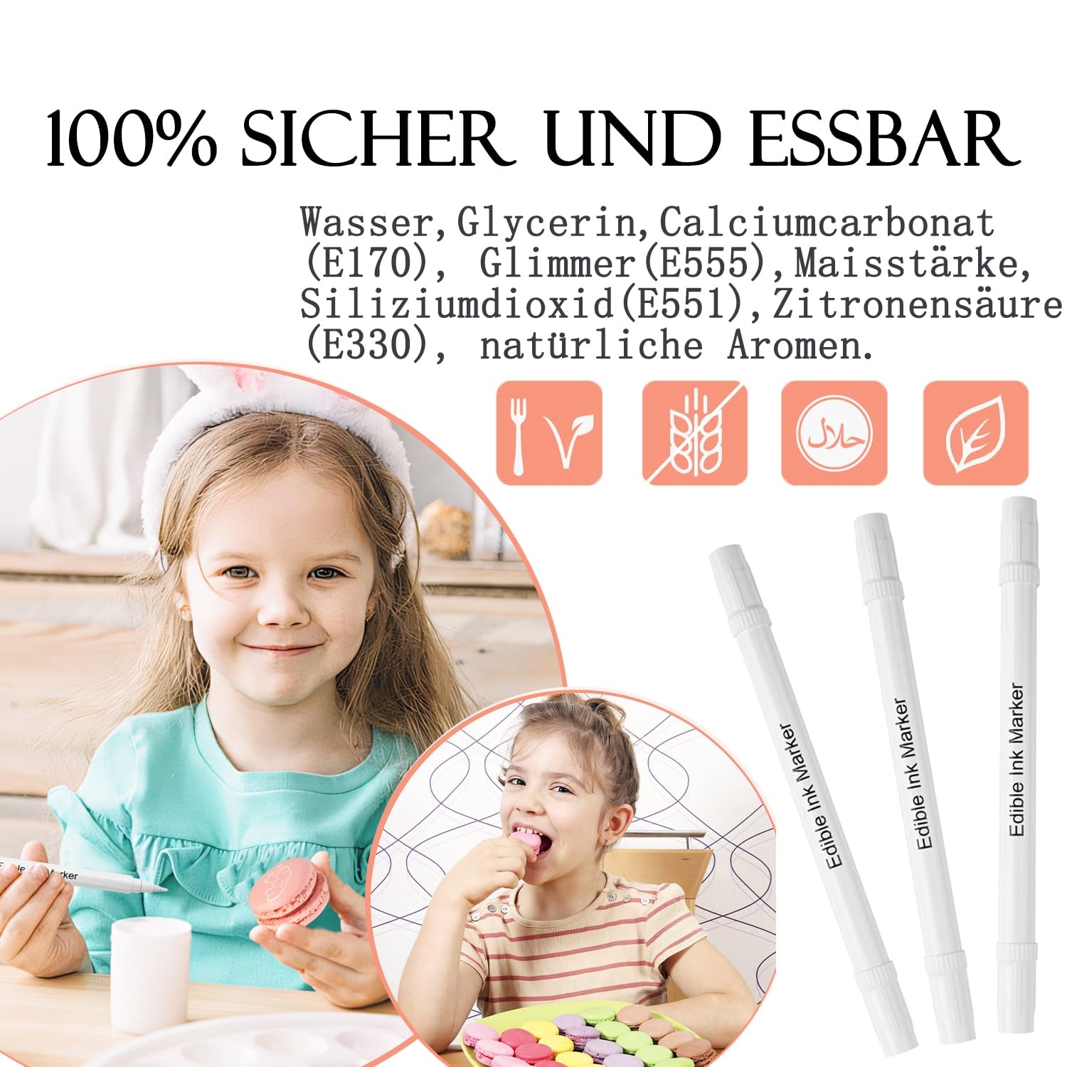 Set de 3 pixuri alimentare comestibile, albe, set de 3 cu vârf dublu, vegane, fără gluten, colorant alimentar fondant, albe pentru pictat și scris pe prăjituri etc.