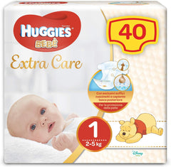 Scutece Huggies Extra Care pentru bebeluși, mărimea 1 (2-5 kg), foarte absorbante, protecție completă, design Disney, 40 buc.