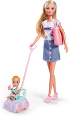 Simba 105733585 - Steffi Love Baby Car, Ankleidepuppe mit Kind, Laufauto, 2-in-1 Funktion, mit Handtasche und Babyzubehör, 12 Teile, 29cm Puppe, ab 3 Jahren