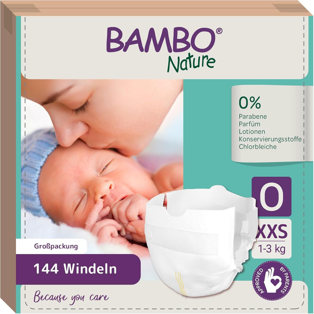 Scutece Bambo Nature pentru bebeluși, mărimea 0 (1-3 kg), 144 buc., cutie lunară | Scutece premium cu protecție îmbunătățită împotriva scurgerilor | Confort și libertate supreme pentru nou-născuți | Scutece testate dermatologic