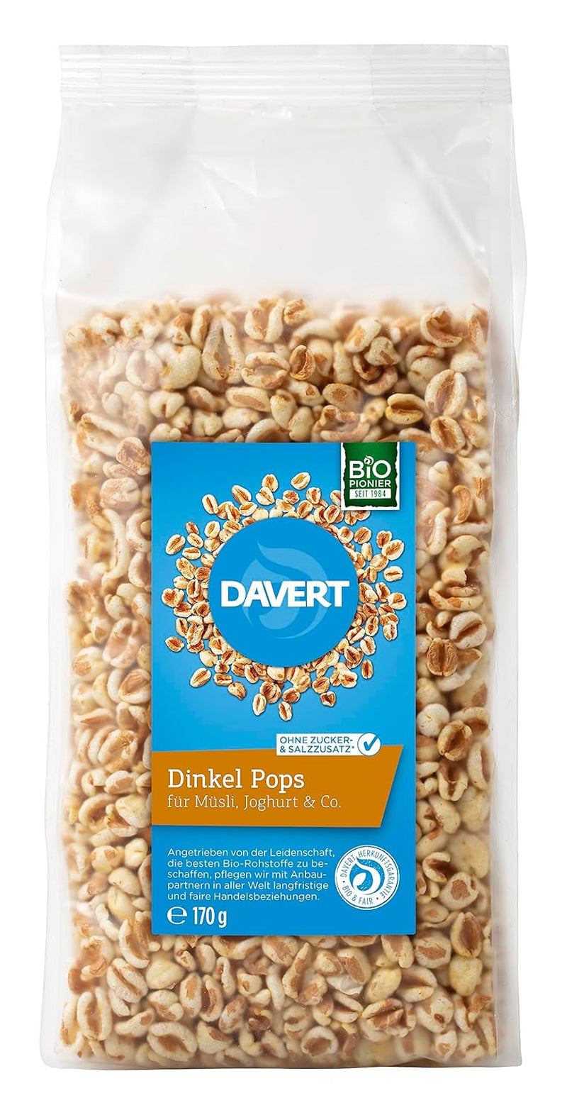 Acadele din speltă Davert 170g – Boabe aromate de speltă expandate, aerisite și ușoare, cu o aromă delicată de prăjire – 100% calitate organică Davert (1 x 170g)