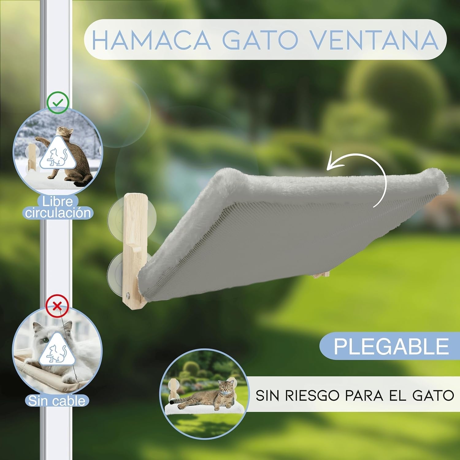 Hamac pentru pisici, fereastră, din lemn, pliabil, pat pentru pisici, pervaz, cu pătură reversibilă pentru iarnă și vară, hamac pentru pisici cu 4 ventuze, pat pentru pisici cu fereastră pentru pisici și