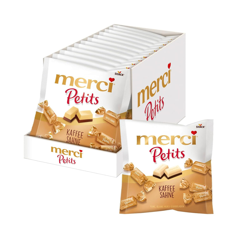 Cremă de cafea Merci Petits – 12 x 125 g – Praline mici de ciocolată albă pe ciocolată fină cu cremă de cafea – Praline de ciocolată ambalate individual