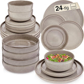 SÄNGER Cairo Clay | Set de veselă 24 piese, set de veselă din gresie pentru 6 persoane, 6 farfurii, 6 farfurii de desert, 6 boluri pentru paste, 6 boluri pentru servire, set de veselă gri | COLECȚIA VALUE