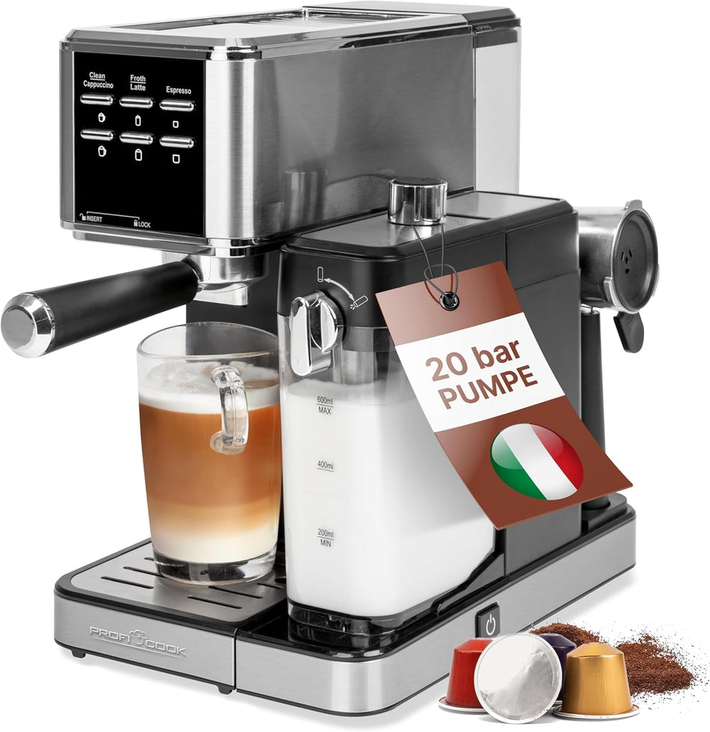 Espressor ProfiCook® 2 în 1 | pentru cafea măcinată și capsule compatibile Nespresso | portfiltru | 20 bar | sistem de lapte pentru latte și cappuccino | portfiltru pentru espresso | PC-ES 1266