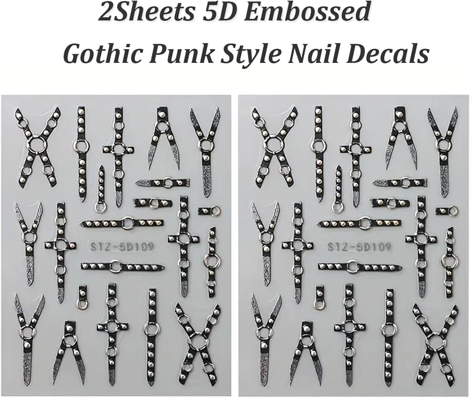 2PCS 5D Embossed Gothic Punk Nagelsticker, Nagel Sticker Selbstklebend Kreuz Und X-Form Halloween Nagelaufkleber, Nageldesign Zubehör Für Damen Nail Art