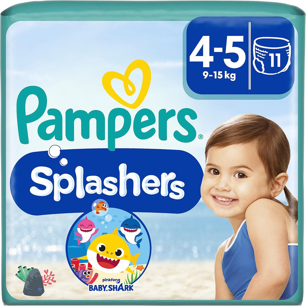 Scutece de înot de unică folosință Pampers Splashers Baby Shark Limited Edition 4-5, 11, 9kg-15kg, pentru protecție sigură în apă