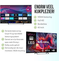 SALORA FOD43FV – Televizor de 43 de inci – Smart TV cu ecran Full HD, Android TV, sistem de operare Vidaa, tuner triplu DVB-T2/S2, WLAN, Ethernet, 3x HDMI, design fără ramă pentru un stil de viață modern