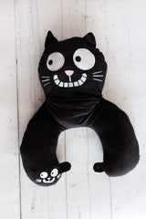 Pernă de gât Moses. Ed, Pisica | Pernă de gât și pernă de cap 2 în 1 pentru călătorii | Pernă de călătorie în formă de pisică, 28 cm, Negru