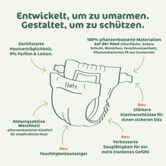 Scutece pentru bebeluși Naty BioEmbrace, mărimea 3 (4–9 kg) | 100% materiale pe bază de plante, delicate cu pielea | Moliciune respirabilă, testate dermatologic, absorbție excelentă | 100 buc.