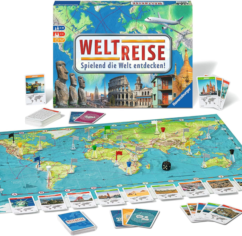 Ravensburger Family Game 26888 - World Tour - Clasic pentru familii, de la 8 ani în sus - Joc de petrecere, călătorii în jurul lumii, joc de societate pentru până la 6 jucători - peste 170 de orașe