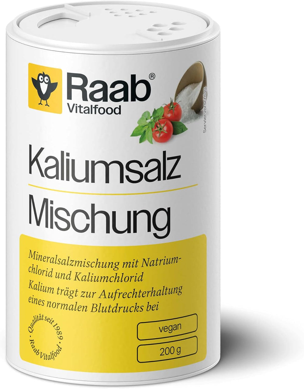 Raab Vitalfood Kaliumsalz-Mischung, Mineralsalzmischung mit 66,7% Natriumchlorid (Kochsalz) und 33% Kaliumchlorid, Kalium trägt zur Aufrechterhaltung eines normalen Blutdrucks bei (1 x 200 g Dose)