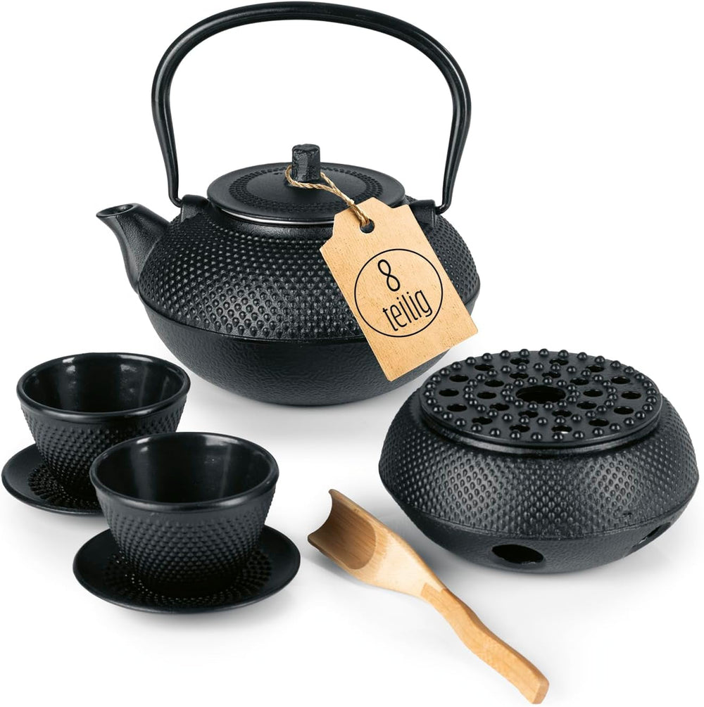 Set de ceai Lumaland cu 8 piese | Ceainic din fontă Tetsubin de 1,4 litri | Încălzitor din fontă | 2 cești de ceai și 2 farfurioare | Set de ceai japonez, inclusiv lingură de măsurat din bambus și infuzor din oțel inoxidabil