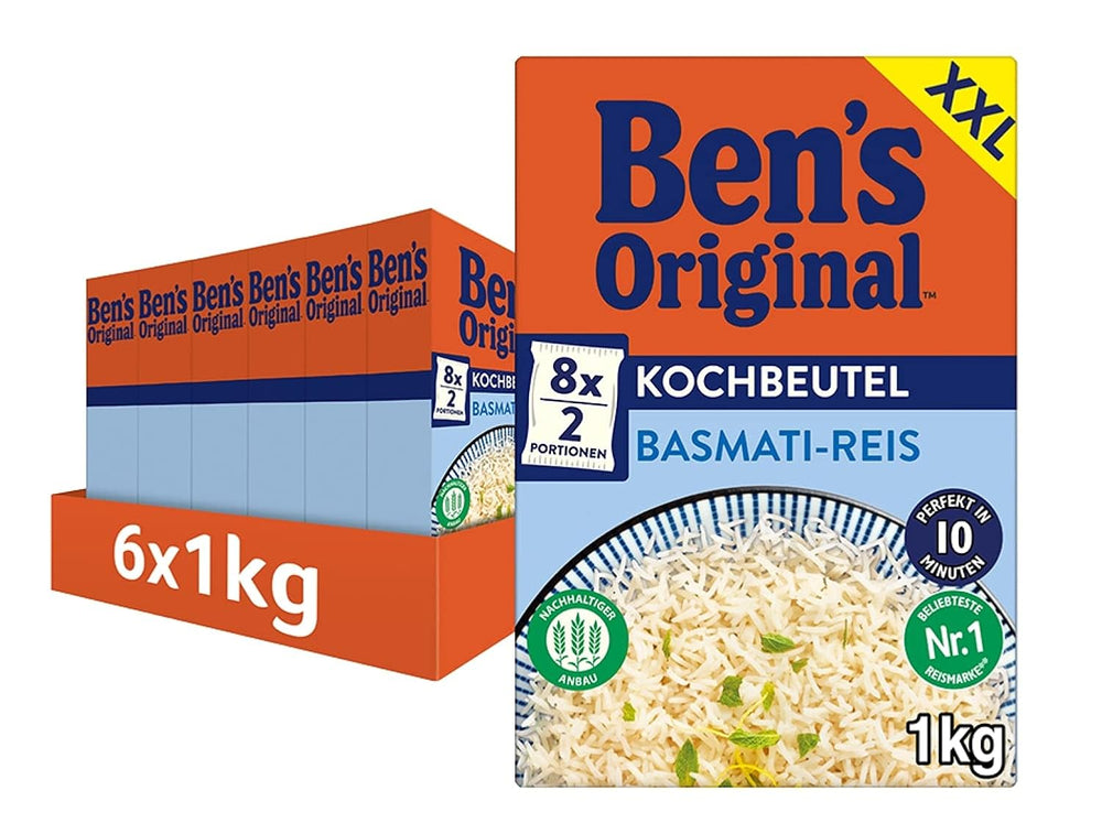 Orez Basmati original Ben's, fierbere în pungă timp de 10 minute, 6 pachete (6 x 1 kg)