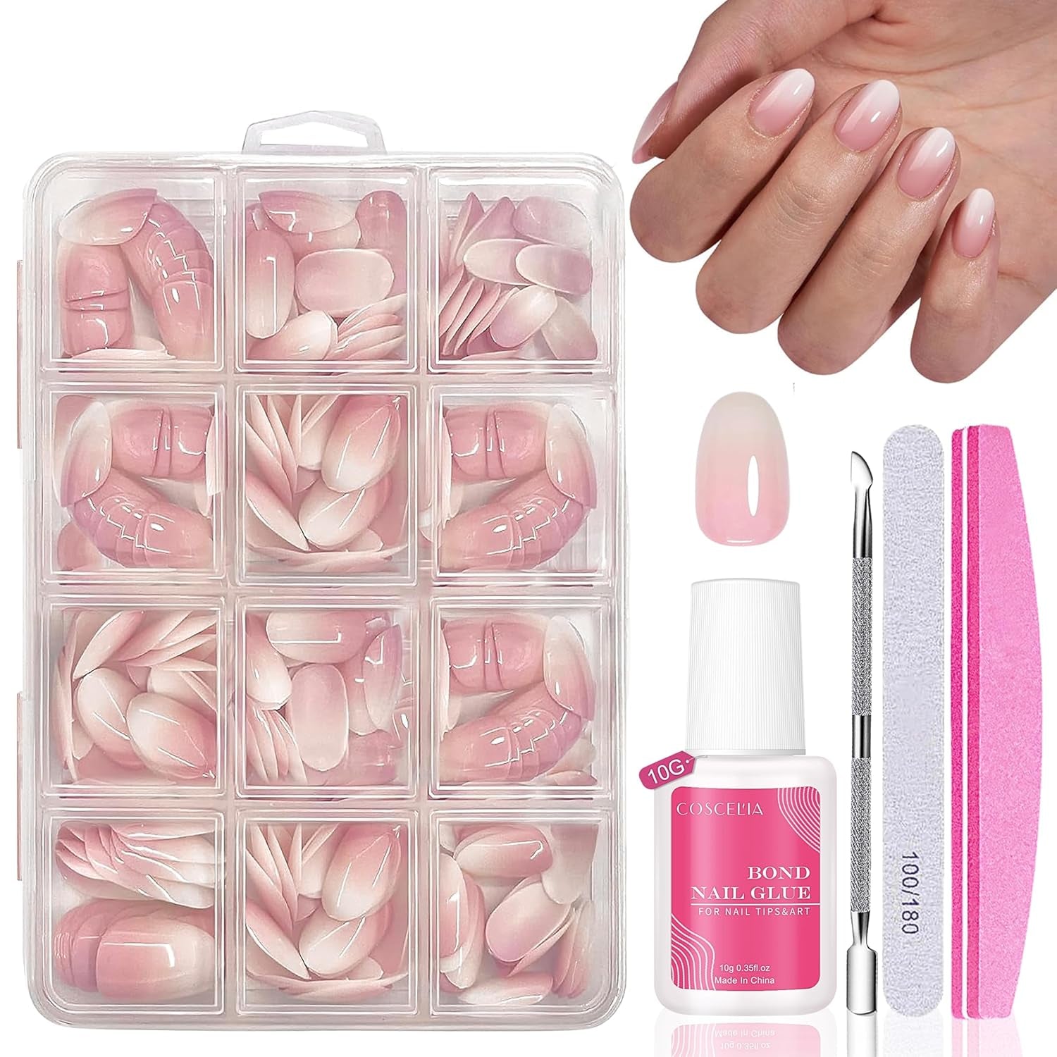 Set de unghii false - 240 de bucăți, unghii false franțuzești, pentru lipit - Design gradient alb roz, unghii artificiale, acoperire completă, gel moale, naturale și confortabile la purtare (migdală roz)