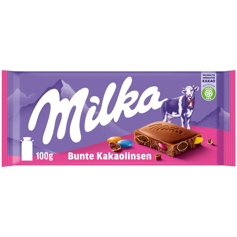 Ciocolată Milka cu linte colorată cu cacao – Ciocolată cu lapte alpină cu linte crocantă cu ciocolată – 100g