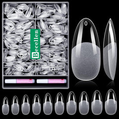 Becellen 500 bucăți vârfuri unghii artificiale, vârfuri unghii cu gel moale, acoperire completă, vârfuri pentru unghii cu gel, unghii artificiale pre-lustruite, set unghii cu lipici pentru nail art DIY (migdale)