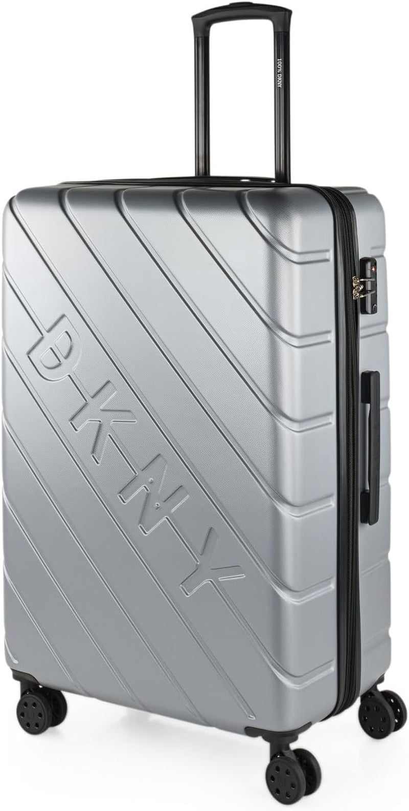 DKNY - Valiză mare cu 4 roți valiză mare ușoară - Valiză de călătorie cu roți mare. Valiză de călătorie mare pentru avioane Valiză hard shell cu închidere certificată - Valiză troler mare, argintie Bagaje și echipament de călătorie Naty Shop argint L